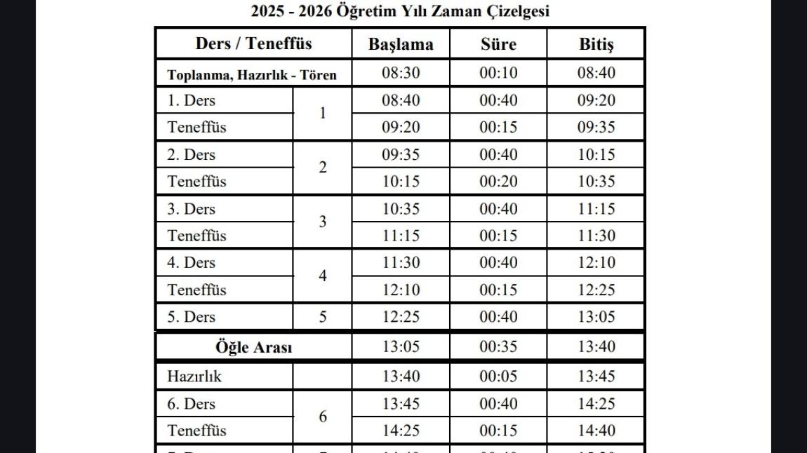 2025-2026 OKUL ZAMAN ÇİZELGESİ